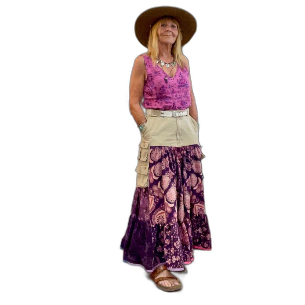 Upcycled / Handmade Boho Cargo Skirt in khaki and Purple